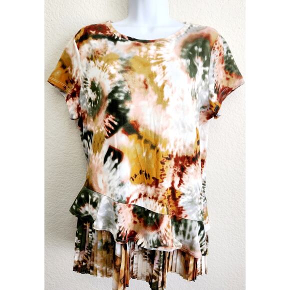 Simply Vera Brown Green Tie Dye Pleated Layered Hem Top Large Lightweight Soft - Picture 1 of 6